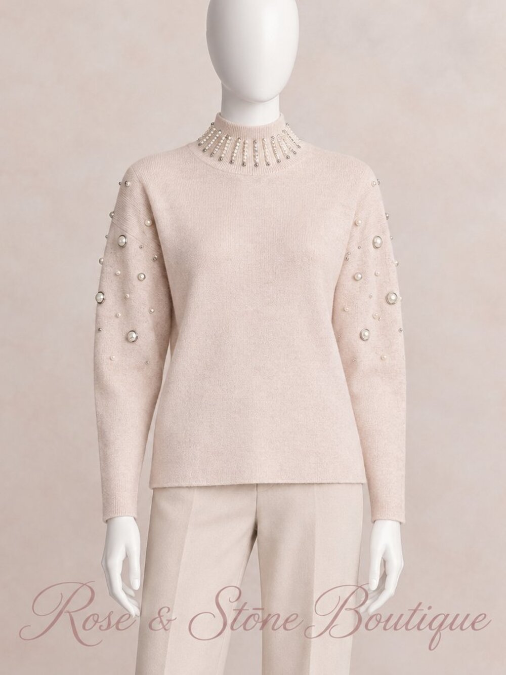 💎Walking and Coco Ivory Pearl Embellished Mock Neck Sweater Est. M/L